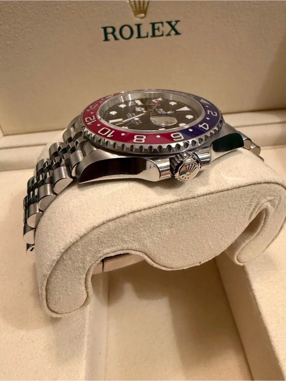 Rolex GMT-Master II Stainless Steel Watch with Black Dial and Blue-Red Bezel